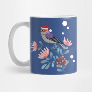 Pretty Holiday Flowers and Finch in Christmas Santa Hat Mug